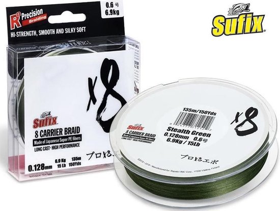 Sufix X8 Braid - stealth green - 150 m - 0.128 mm van Sufix