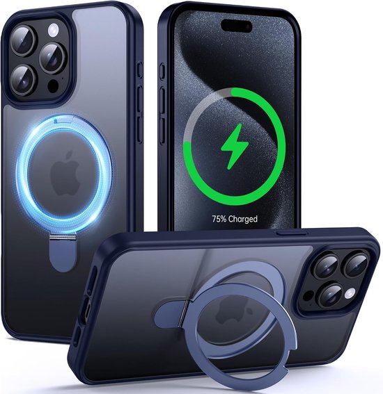 Supdeal Magnetische StandaardHoes voor iPhone met Onzichtbare Ringstandaard [Compatibel met MagSafe] [Militaire Valbescherming] Translucent Matte Telefoonhoes voor iPhone 15 Pro Max 6,7 '', Blauw