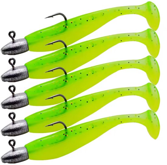 T-staart Swimbait Groen/Chartreuse, Kunstaas 5-delig, Voor Bass & Pike, 60mm/15g