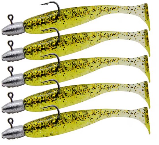 T-staart Swimbait Olijfgeel, Kunstaas 5-delig, Voor Bass & Pike, 60mm/15g