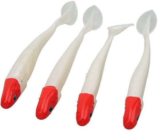 T-Tail Lures Set van 4 Zachte Silicone Aas voor Vijvervissen (Rode Kop Witte Lichaam)