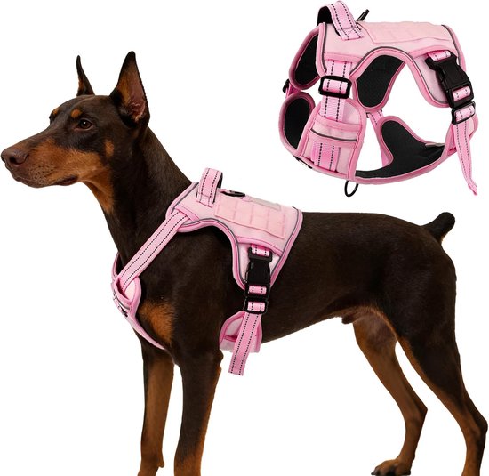 Tactisch hondenharnas voor middelgrote honden — Dienstharnas zonder trek met handvat en PALS-banden, reflecterend ontwerp zonder wurging voor training en wandelen, roze, M