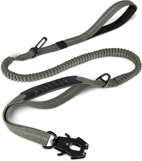 Tactische hondenriem, extra sterk, 1,2-1,8 m schokabsorberende bungee-lijn, 2 gevoerde handgrepen, metalen karabijnhaak, autogordel, sterke anti-trek lijn, middel- tot extra grote honden
