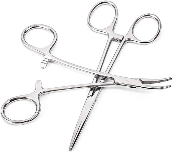 Tang, 12,5 cm, zelfborgende pincet van roestvrij staal, recht en gebogen, voor het verwijderen van haken, knutselen, dierenverzorging en oorreiniging, 2 stuks