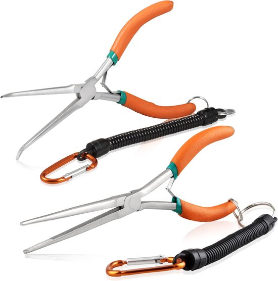Tang Met Gebogen Tips Gebogen Handvat Extra Lange Naald Neus Tang Met Rechte Tips Naaldverwijderaar Tang Met Anti-Loss Lanyard en Getande Kaak voor Smalle Ruimten
