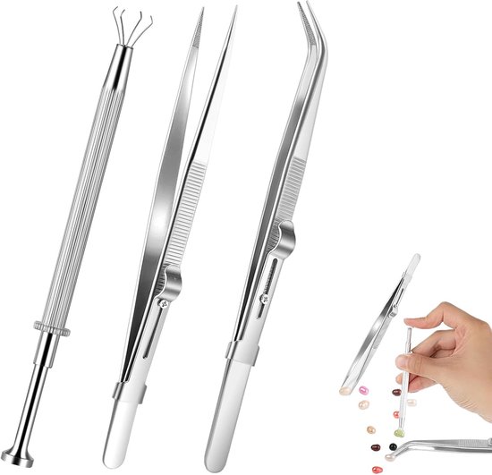 Tang voor ballen, 3 stuks piercinggereedschap, roestvrij stalen piercing boltang, piercing bal opdraaier, piercing opener, pick up tool, prong klauw pincet set voor kleine voorwerpen diamant
