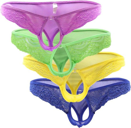 Tanga voor heren, kant, sexy ondergoed, bikini, string, erotisch, Mankini Sissy, open boxershorts voor, lingerie voor mannen, 4-pack, meerkleurig, 4 stuks, meerkleurig, 02, one size