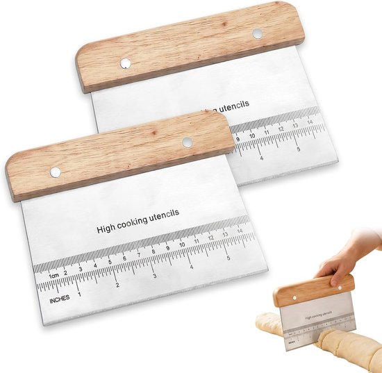 Tarock voor deegwaren van roestvrij staal met getrapte schaal, pizzaschraper en professionele deegsnijder met houten handvat, keukenschraper voor brood, snoep en gebak, 15 x 11 cm, 2 stuks
