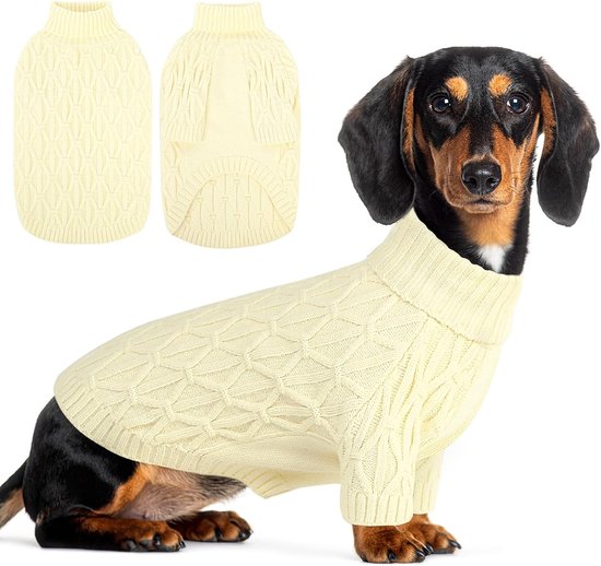Teckeltrui, rekbare warme kabel gebreide hondentrui voor middelgrote rassen Jack Russell, teckel (worsthond), windhond, beige, M