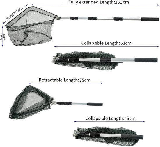 Telescoop Schepnet - Zwart - 1,5-2 m - Opvouwbaar en Lichtgewicht - Voor Vissers en Natuurliefhebbers