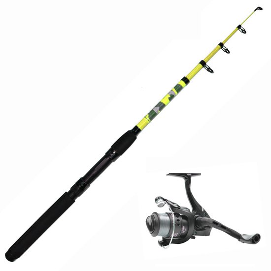 Telescoophengel met molen - LFT - Geel Camou - 2.10m - Inclusief Nylon - Hengelset