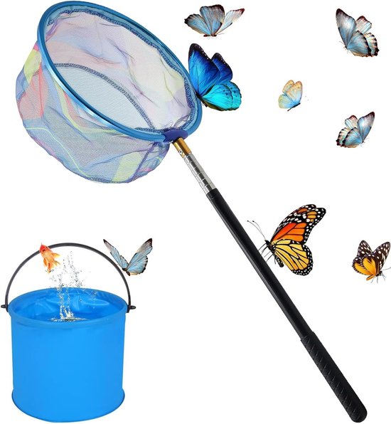 Telescopisch Schepnet 65-150 cm met Vlindernet, RVS, Vouwbare Emmer, Ideaal voor Vissen, Insecten en Kleine Visjes, Perfect voor Buiten, Strand en Vijver van Merkloos