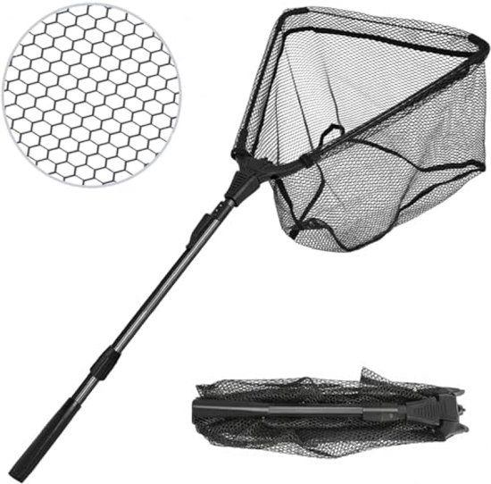 Telescopisch Schepnet 90 cm - Opvouwbaar Visschepnet met Rubber Coating en Antislip Handgreep - Stabiel Driehoekig Frame - voor Vijver, Meren, Beken en Bootvissen van Merkloos