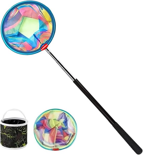 Telescopisch Schepnet voor Kinderen, Verstelbaar van 41 cm tot 148 cm, Ideaal voor Vissen, Insecten en Buitenactiviteiten met Opvouwbare Emmers en Stok
