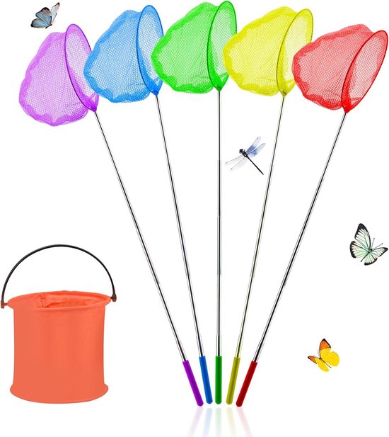 Telescopisch vlindernet voor kinderen - Uitschuifbaar visnet van 17 cm tot 85 cm - Insectenvangnet voor buiten spelen - Opvouwbare emmer set van InsectoCatch