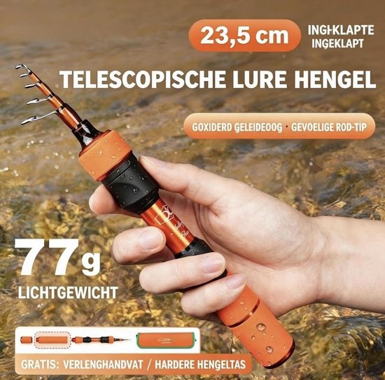 Telescopische Reishengel - Spinhengel voor Kunstaas - Mini Vishengel 23,5cm - Ultralight 77g - Inclusief Hengeltas