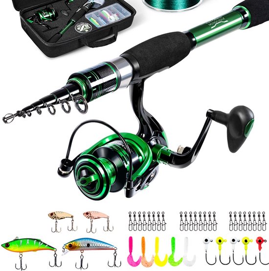 Telescopische Vishengel Set – 30T Grafiet – Compacte Reisset met Molen, Aas en Lijn – Voor Zoet- en Zoutwater – Voor Beginners en Gevorderden - Groen - 2.1M 7FT
