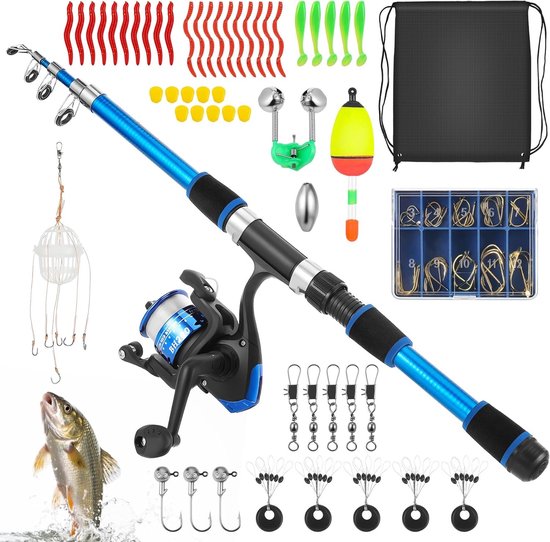 Telescopische Visserijset voor Kinderen, 45cm-176cm Hengel met Molen, Zachte Aas, Lijn en Haak, Perfect voor Buitenactiviteiten en Cadeau voor Jongens en Meisjes