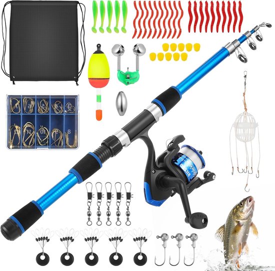 Telescopische Visspullen Set voor Kinderen, 45cm-176cm Hengel met Reel, Zacht Aas, Lijn en Haak, Perfect voor Buitenactiviteiten en Cadeaus voor Jongens en Meisjes