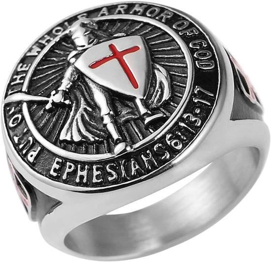 Tempeliers zetten het hele pantser van God aan Efeziërs 6:13-17 Rode Kruis Design heren roestvrij stalen ring