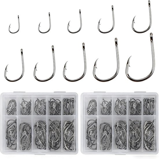 Thijox - 200 stuks Vishaken Set, Dropshothaken, Visaccessoires met Opbergdoos, Zwart, Geschikt voor Karper, Forel en Zoetwatervissen (3-12)