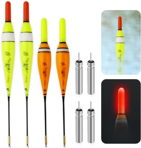 Thijox - 4 Stuks LED-Dobbers met Zwaartekrachtsensing en Basis - Nachtvissen Accessoires voor Rivier, Beek en Vijver - Kleurige Drijvende Boeien voor