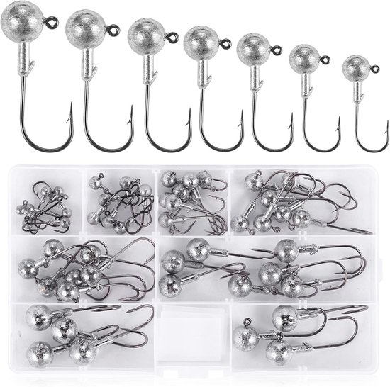 Thijox - 49 stuks loodkoppen en vishaken, scherpe stekelhaken voor forelvissen, jig head-haken 1/2/3,5/5/7/10/14 g, ideaal voor zoet en zout water, pe