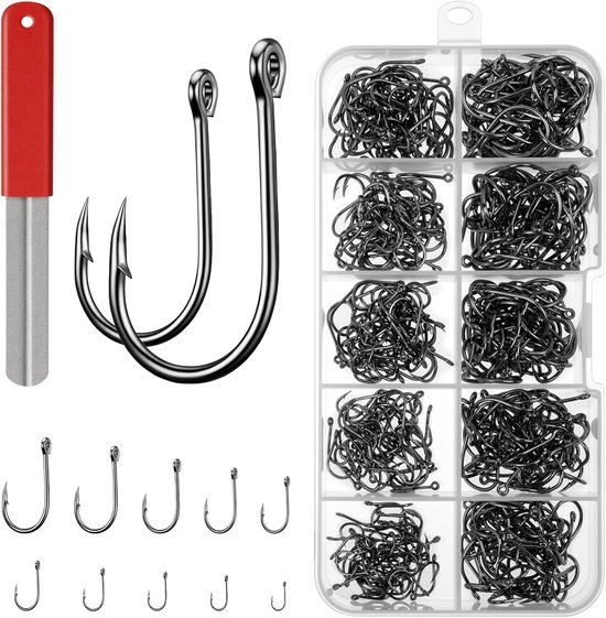 Thijox - 500 stuks Weerhaken Karper Grof Geoogde Vishaken Cirkelhaken met Brede Opening Maat 3-12 in Stevige Tackle Opbergdoos voor Zoet- en Zoutwater