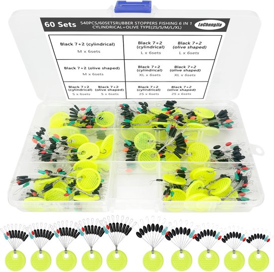 Thijox - 540 stuks rubberen stoppen voor hengelen, 60 sets dobbers vissen, forelvissen, rubberen visvlotters, kunststof, metaal, 7 in 2 sets, diverse