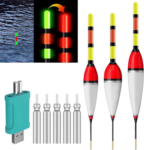 Thijox - LED-dobbers met Beetverklikker, 3 Stuks Hengelaccessoires, Slimme Batterijlader, 5 Staafbatterijen, Zwaartekrachtsensor, Metalen Basis, Voor