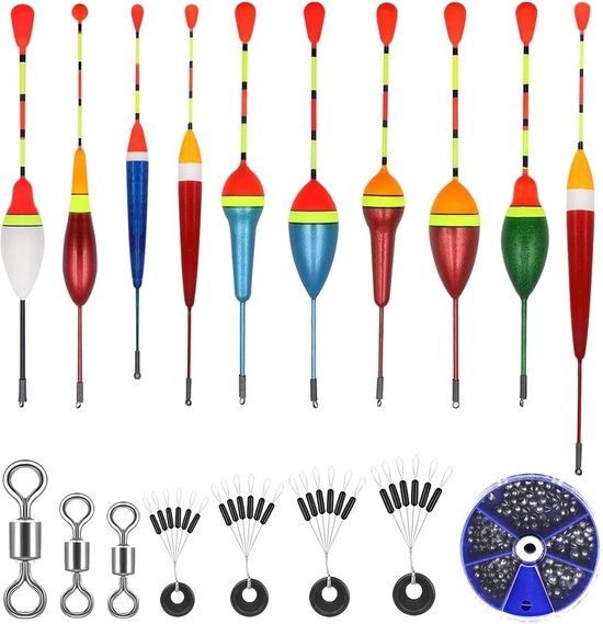 Thijox - Set van 10 Dobbers met 4 Rubberen Stoppers en 3 Wervels voor Vissen - Hengelaccessoires voor Forelvissen in Meren en Vijvers - Meer kleuren,