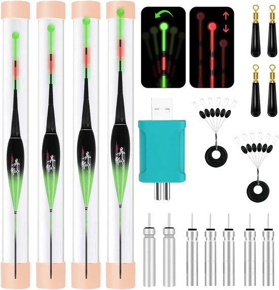 Thijox - Visdobbers 4 Stuks LED-Dobbers Set met Zwaartekrachtsensor voor Dobbervissen, Visaccessoires voor Verschillende Visgroottes, Ideaal voor Heng