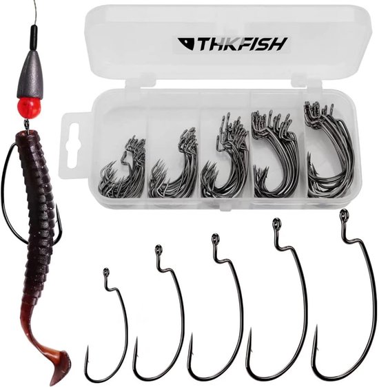 THKFISH 100pcs/box Offset Worm Hook Fishing Hook Set Dropshot Hook Set Rubber Fish Jigs Fishing Kit # 2# 1 1/0 2/0 3/0 - ShopVlot