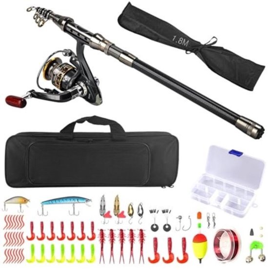 Thuys - Complete Hengelset 1,8m - Telescopisch Carbon - Spinhaspel 14 Kogellagers - 43 Soft Lures - voor Zoet en Zout Water