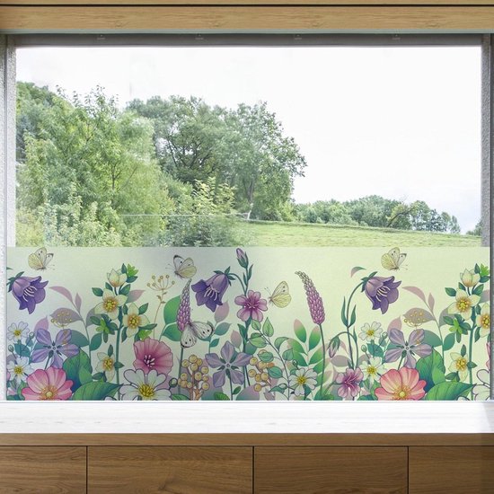 Thuys – Raamfolie Bloemen – Glas in Lood – Vlinders – Kleurrijk Slas in Lood – ‎45cm x 200cm x 0.01cm