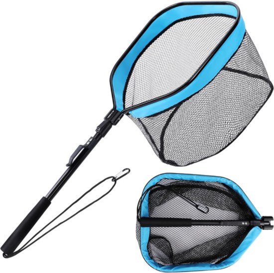 Thuys - Schepnet Vissen Zwart/Blauw - Rubber Bekleed Net - Opvouwbare Stok - Lichtgewicht - voor Meer - Rivier en Zee