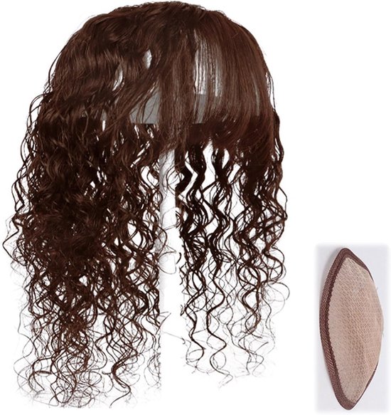 Topper van echt haar voor vrouwen, krullend, golvend, 13 x 14 cm, middendeel, zijden basis, clip-in haarstukjes boven met pony (bruin, haar 40 cm)