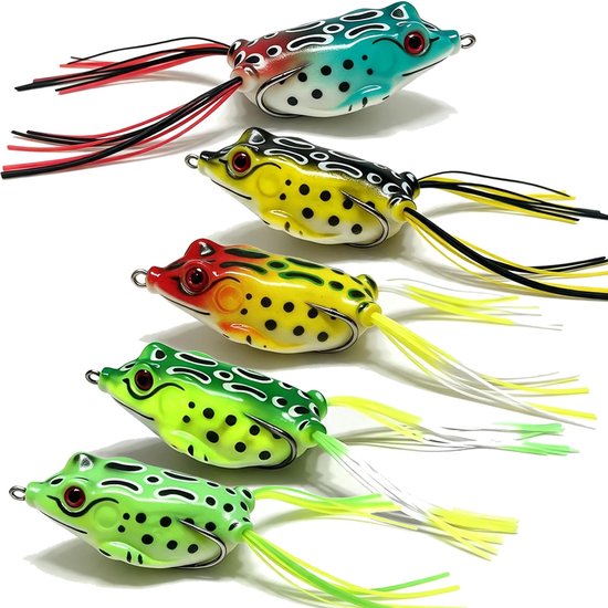 Topwater Kikker Kunstaas - 5 delig Weedless Frog Lures Set met Opbergdoos - Drijvend Zacht Aas 5,5 cm in Diverse Kleuren voor Roofvis zoals Snoek in Zoetwater