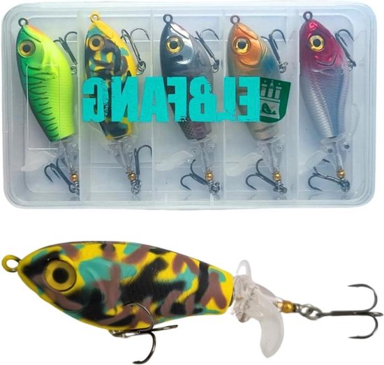 Topwater Visaas ELBFANG | 8 cm - 16 gram | 5 stuks met lokdoos - oppervlakaas snoek meerval vissen van T