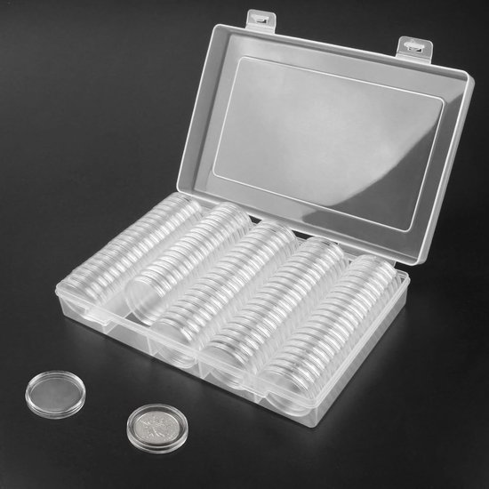 Transparante muntcapsules 30mm voor 2 euro munten - 100 stuks met opbergdoos voor muntenverzameling en -display van Merkloos