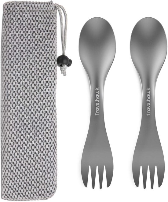 Travelhawk Spork - Campingbestek van titanium - Vork, mes en lepel in één - Bestek voor onderweg en op reis - Lichtgewicht - 2 Stuks - Inclusief Draagzak van Travelhawk
