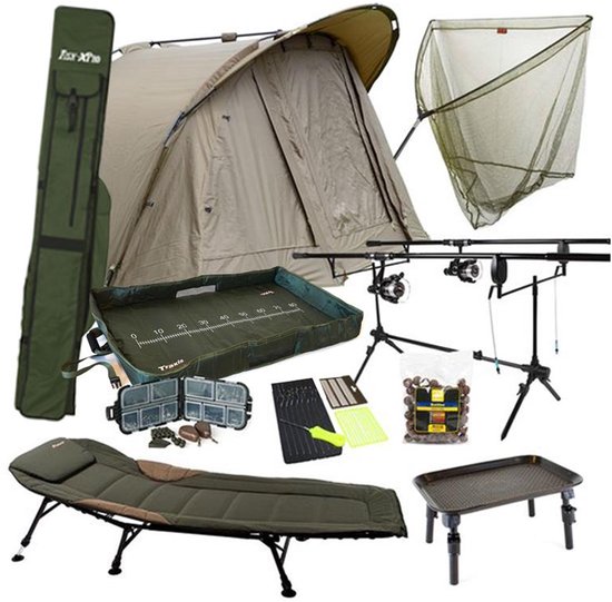 Traxis Karperset - Overnighter Set - Karpervissen - Vistent - 2 Hengels - 2 Molens - Stretcher - Schepnet - Onthaakmat - Rodpod -Beetmelders