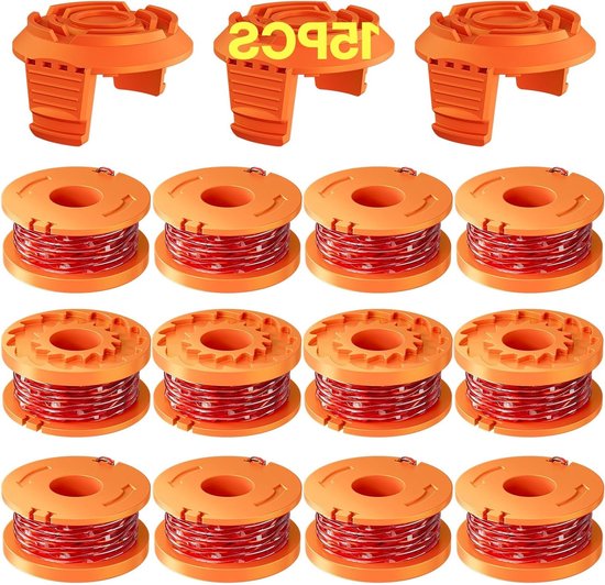 Trimmerdraad spoelen voor grasmaaiers, vervangende spoelen met caps, Ø 1.65 mm, 3 m lengte, 12 stuks + 3 caps