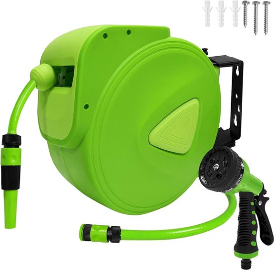 Trommel, 20 m, slanghaspel met 2 m inlaatslang, houder, handdouche en kraanverbinding, 180 graden draaibare slanghaspel met automatische vergrendelingsstop, outdoor, wandslangbox