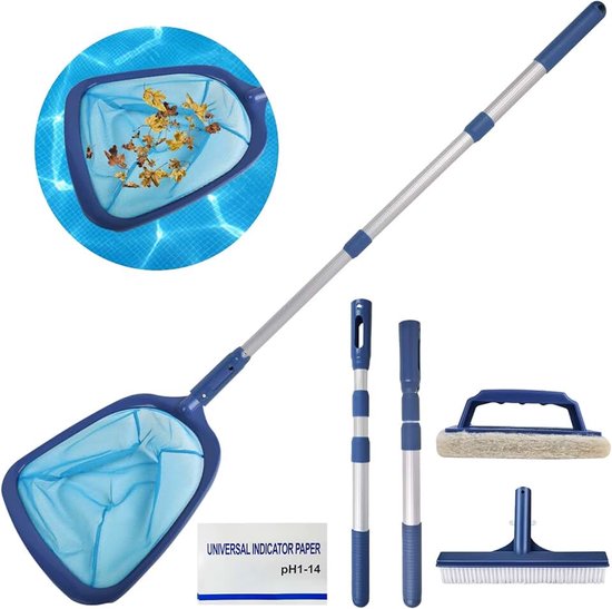Tub Reinigingsset Accessoires, Zwembad-schepnet met 3-delige verstelbare 89 cm Aluminium Telescopische Pols, Schoonmaakborstel, Sponsborstel, PH Testpapier, voor het Reinigen van Tuinvijver