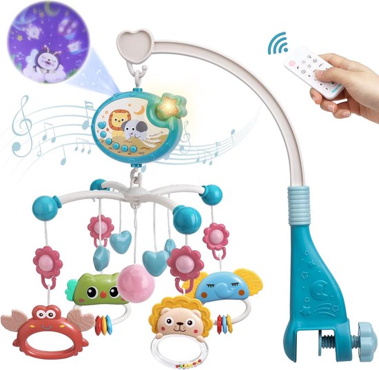 Tudou Mobiel babybed met Sterrenprojectie & 400 Muziek (Blauw) | Afstandsbediening Mobiel babybed met Timerfunctie & Nachtlampjes, Ronddraaiende Dierenrammelaars, Speelgoed voor 0-24 Maanden