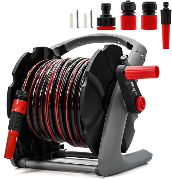 Tuinslang met haspel - 20 m slang - wandslanghaspel - mobiel met draaggreep - tuinmondstuk - aansluiting voor slang 1/2 inch / 3/4 - aansluiting voor kraan 3/4 inch