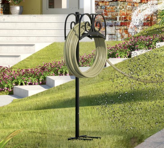 tuinslanghouder met 4 spikes - Heavy Duty waterslanghaspel, slangorganizer, houdt 45 m slang voor gazon buiten tuin, zwart