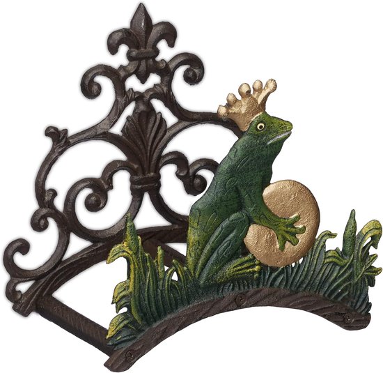 tuinslanghouder muur, kikkerkoning, gietijzer, antiek, slanghouder wand, HxBxD: 23 x 24 x 15 cm, kleurrijk