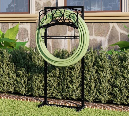 tuinslangorganizer met zwarte gepoedercoate afwerking - Heavy-Duty afneembare slangstandaard voor 150FT slang, inclusief opbergmand en montagegereedschap voor buitengebruik